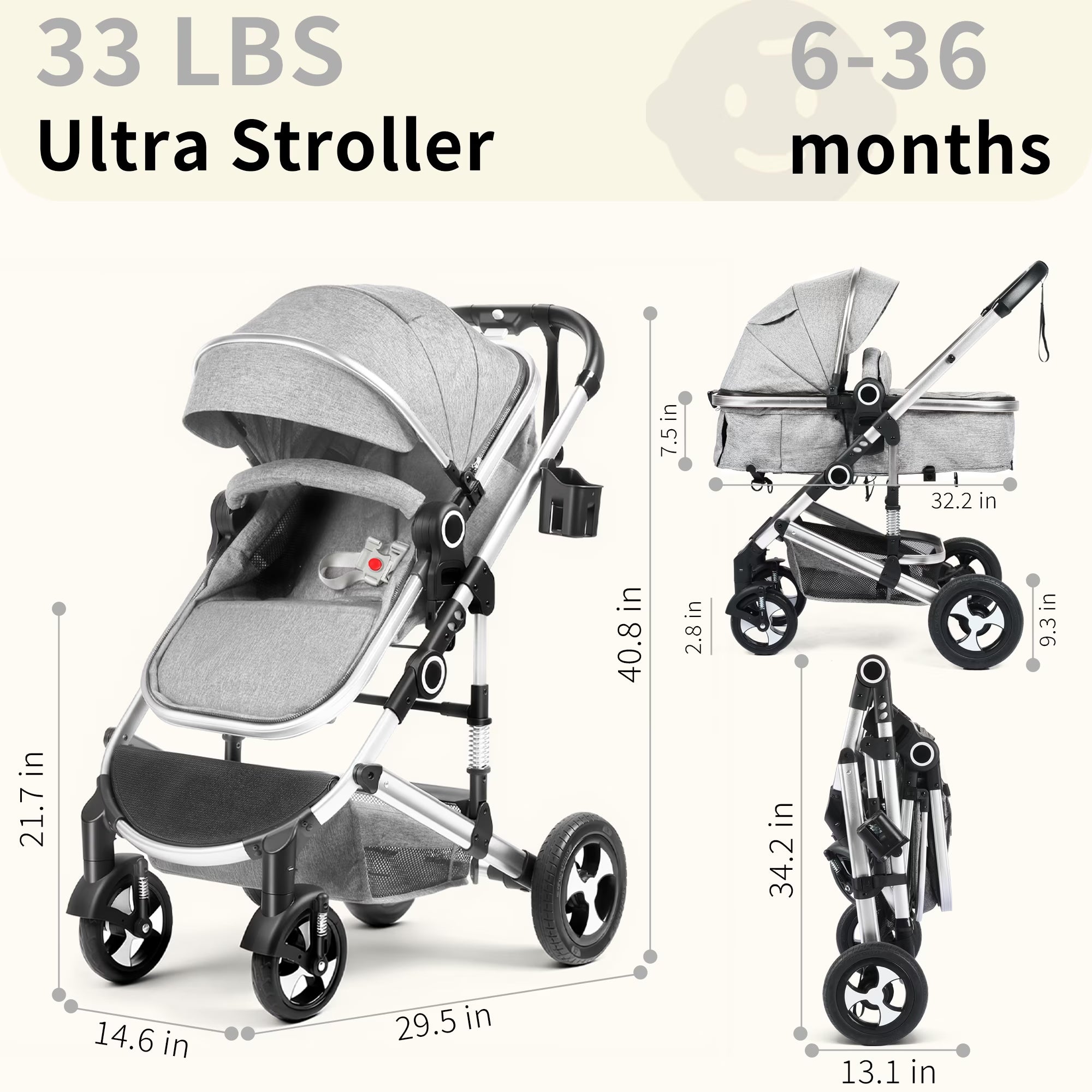 3-In-1 Convertible Baby Stroller with Big Seat and Adjustable Canopy, 24 Pounds, Light Grey