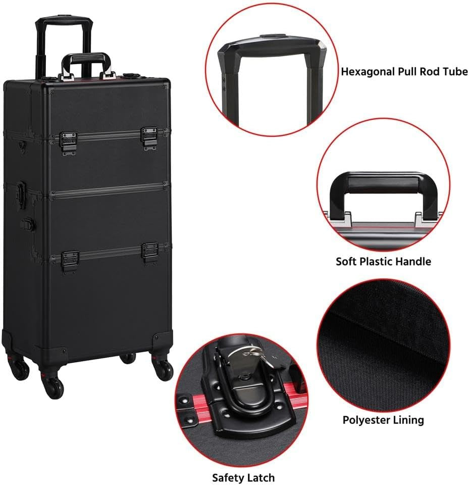 Makeup Train Case 3 in 1 Professional Cosmetic Trolley Multi-Functional Organizers Large Storage Traveling Cart Trunk for Nail Tech - Black