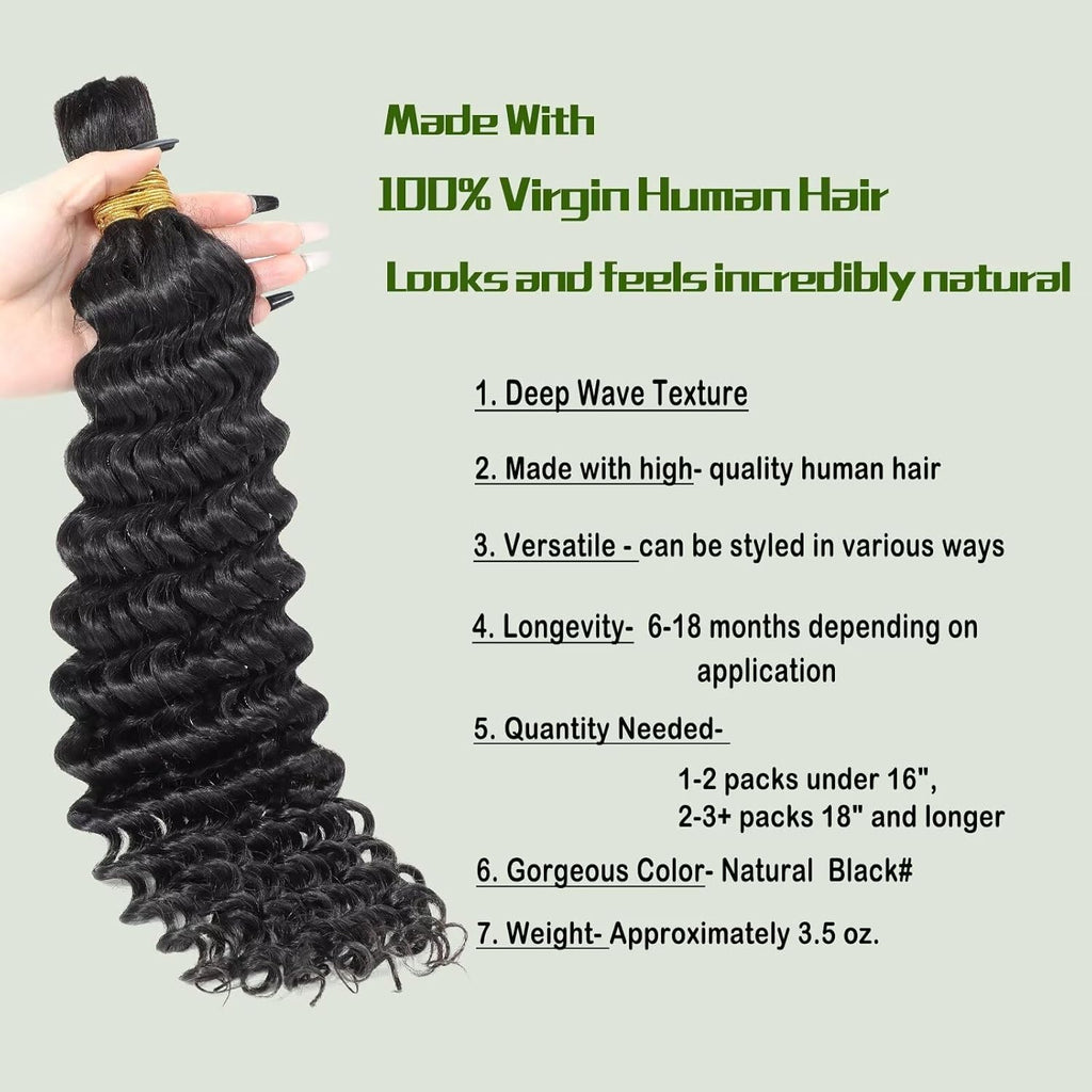 Human Braiding Hair 100G 22 Inch Deep Wave Bulk Human Hair for Braiding Hair 100% Virgin Human Hair Micro No Weft Human Hair Extensions 2Bundles(Natural Black#,22Inch)