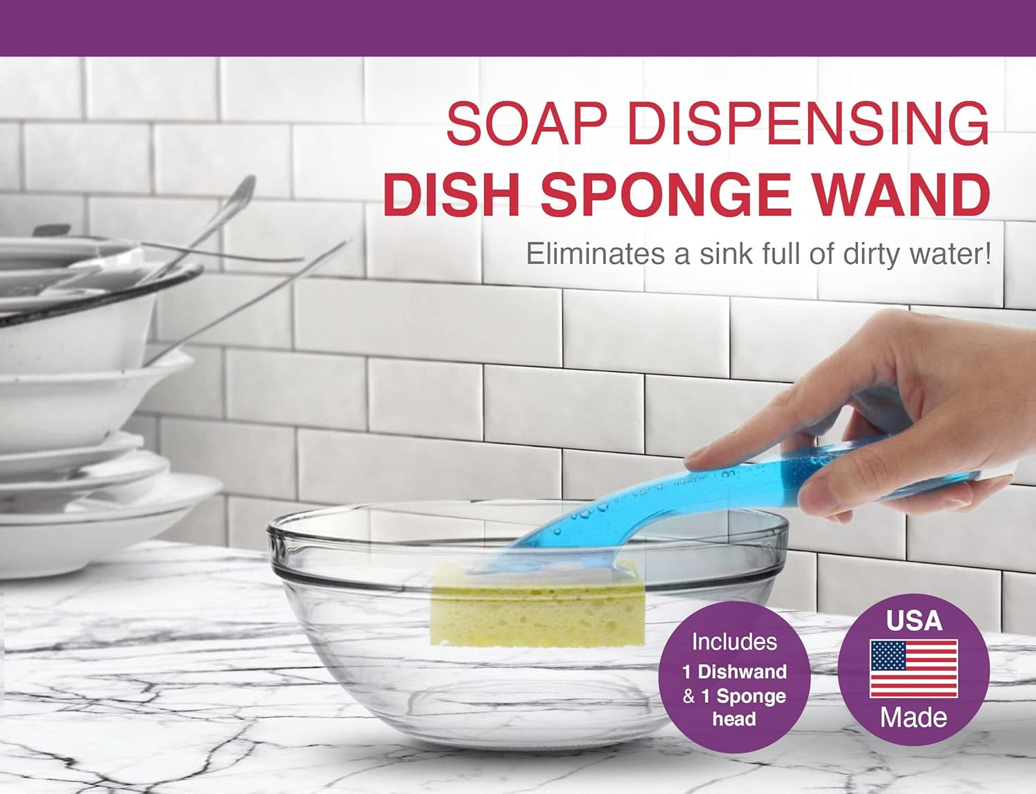 Arrow Dish Sponge W/Soap Dispenser Handle - Fillable Dish Wand for Quick, Convenient Cleaning - Easy to Refill - Built-In Scrubber for Dishes & Pans