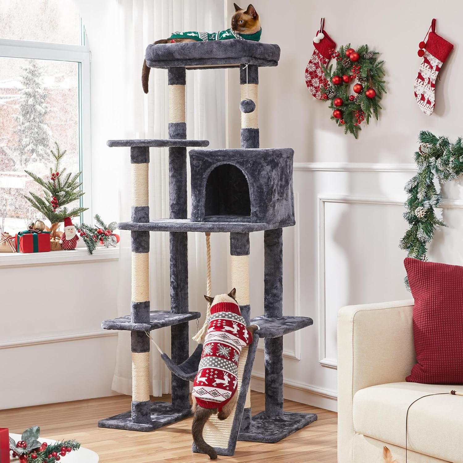 Yaheetech 63In Large Cat Tree for Heavy Cats up to 22Lbs, Anti-Wobble Tower with Condo & Hammock, Space-Saving for Indoor Multi-Pet Households, Stops Furniture Scratching