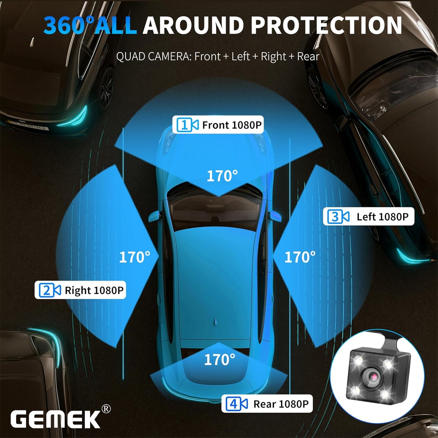 4 Channel Dash Cam 360° View 5G Wifi & APP Control,  2K Front and Rear Inside, Left Right Dash Camera for Cars Free 64GB TF Card, G-Sensor, Night Vision, 24H Parking Mode Keyboard Wrist Rest Pad
