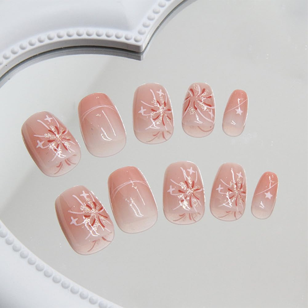 Press on Nails Short Square Fake Nails Pink White Ombre False Nails with Fireworks Show Press Ons Designs Acrylic Nails Press on Artificial Nails Stick on Nails for Women Girls 24Pcs