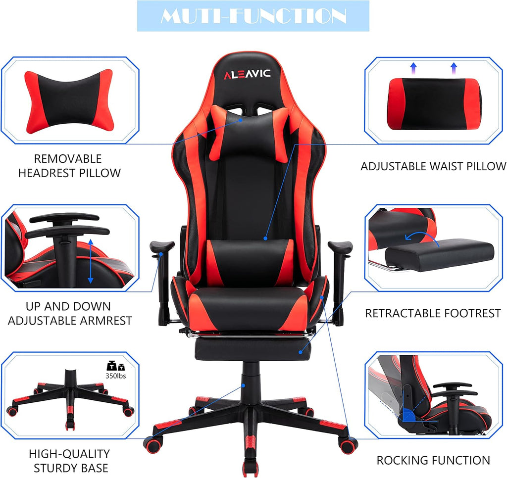 Gaming Chair，Gaming Chair with Footrest High Back Ergonomic Gaming Chair Adjustable，Racing Style PU Leather Gamer Chair，Computer Gaming Chair with Headrest and Lumbar Support