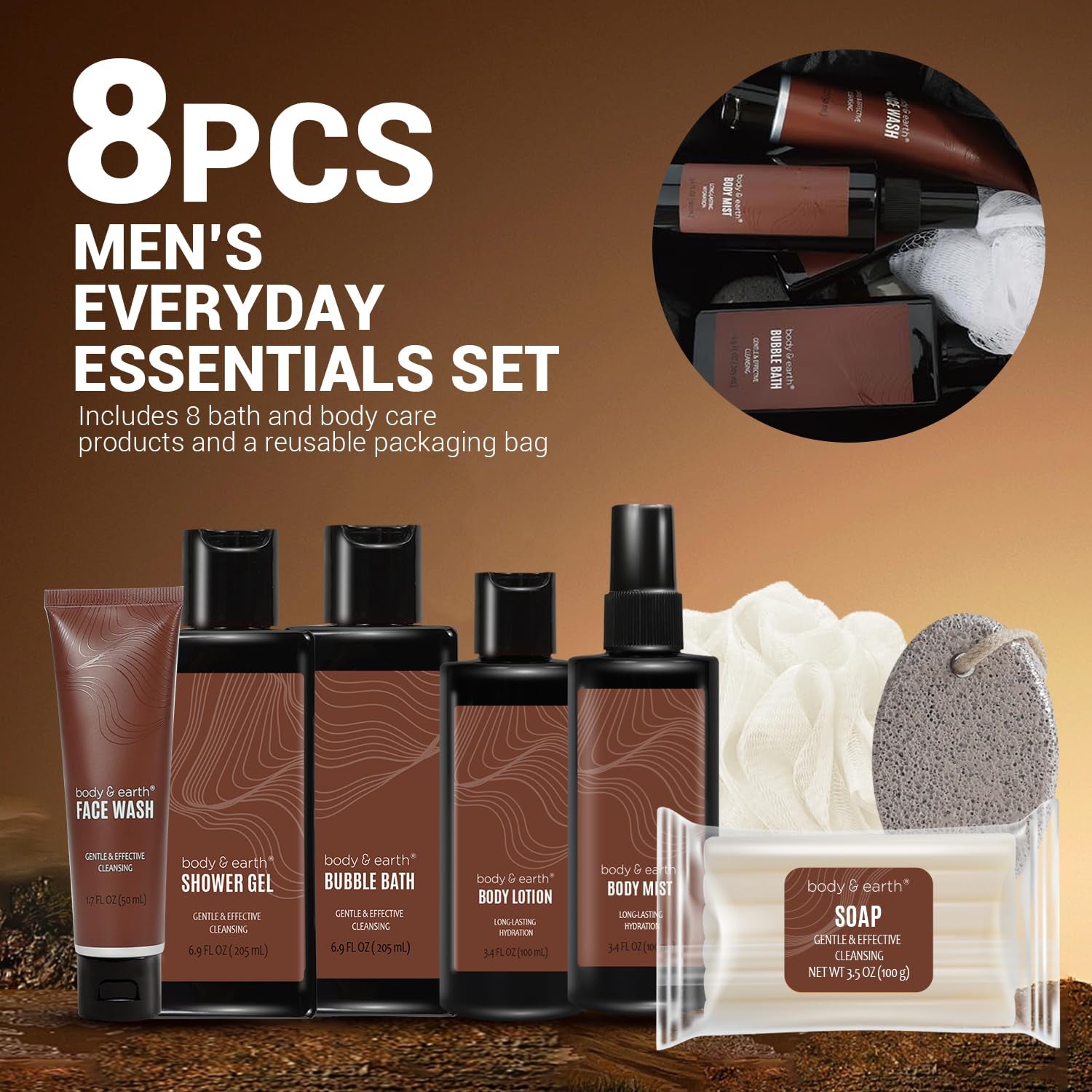 ，Father’S Day Gifts, Birthday for Men，8-Piece Gift Basket, Man Anniversary Gifts. Travel Size Toiletries with Sandalwood, Includes Body Wash，Body Lotion，Travel Bag