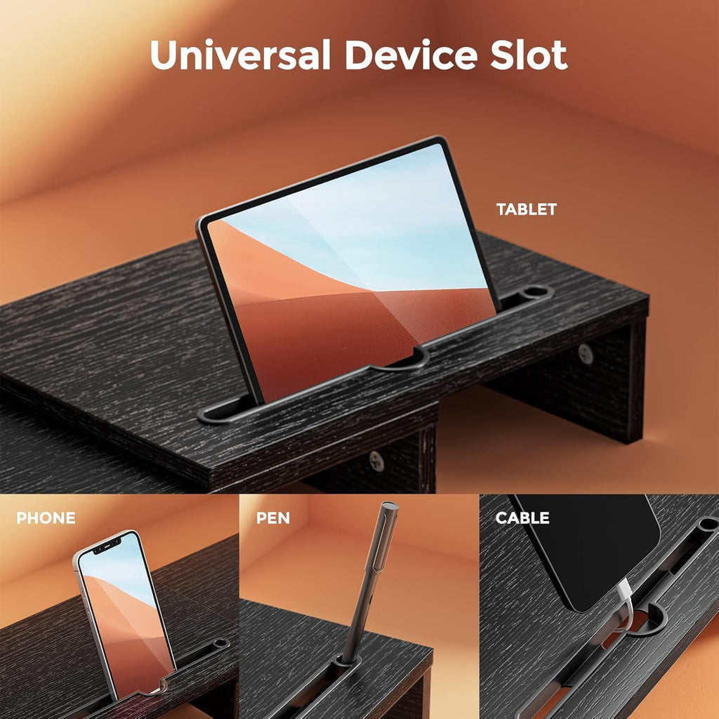 Monitor Stand Wood Material with Adjustable Length and Angle 2 Extra Functional Slot Monitor Riser Desktop Organiser Stand for PC Monitor Printer Etc. Black