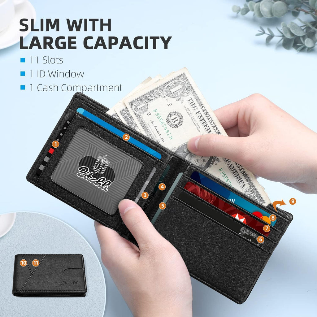 Bifold Wallets for Men - Slim RFID Leather Credit Card Holder for 6-11 Cards, Minimalist Thin Wallet with ID Window & Cash Slot,Front Pockt Carteras Para Hombres, Birthday Gifts for Men | Slim