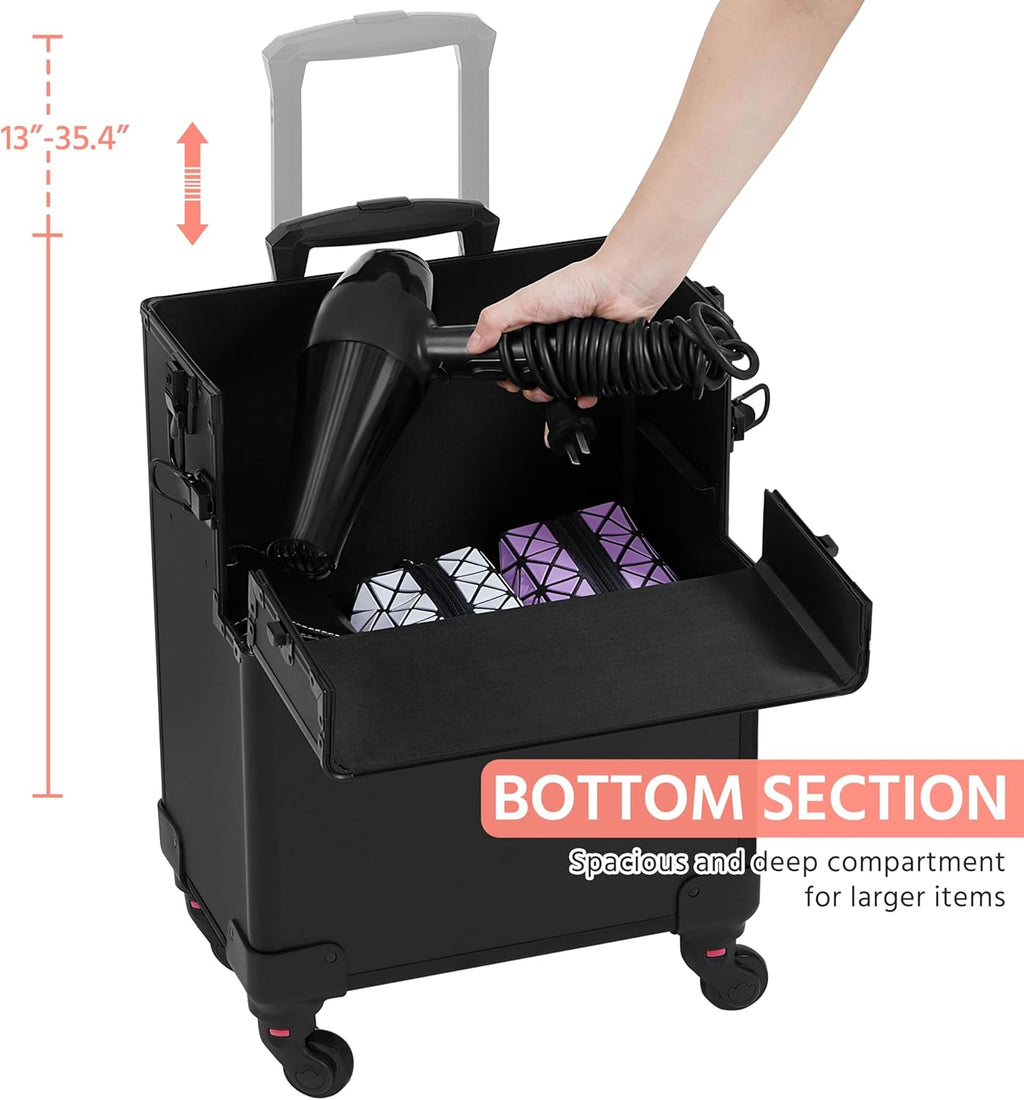 Makeup Train Case 3 in 1 Professional Cosmetic Trolley Multi-Functional Organizers Large Storage Traveling Cart Trunk for Nail Tech - Black