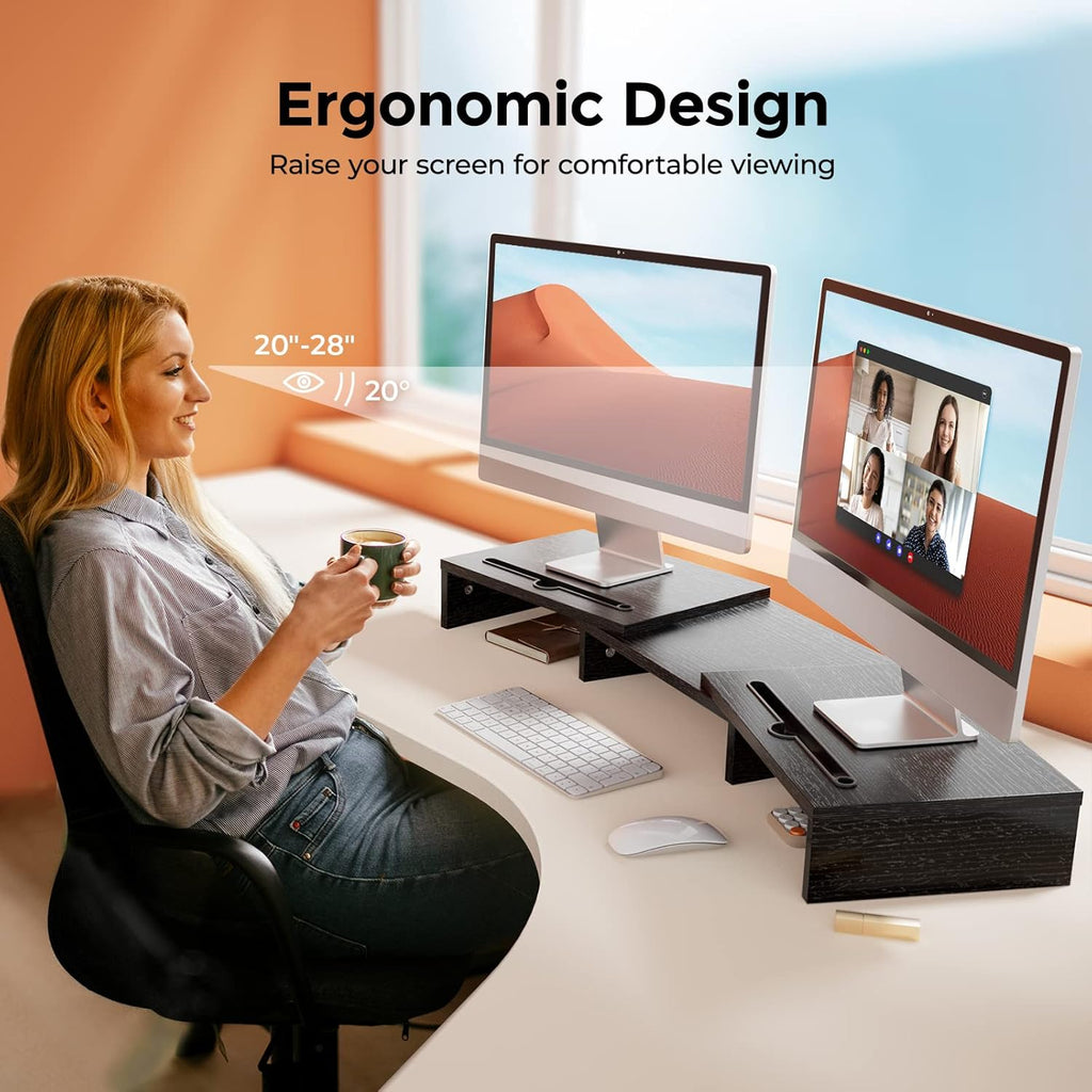 Monitor Stand Wood Material with Adjustable Length and Angle 2 Extra Functional Slot Monitor Riser Desktop Organiser Stand for PC Monitor Printer Etc. Black
