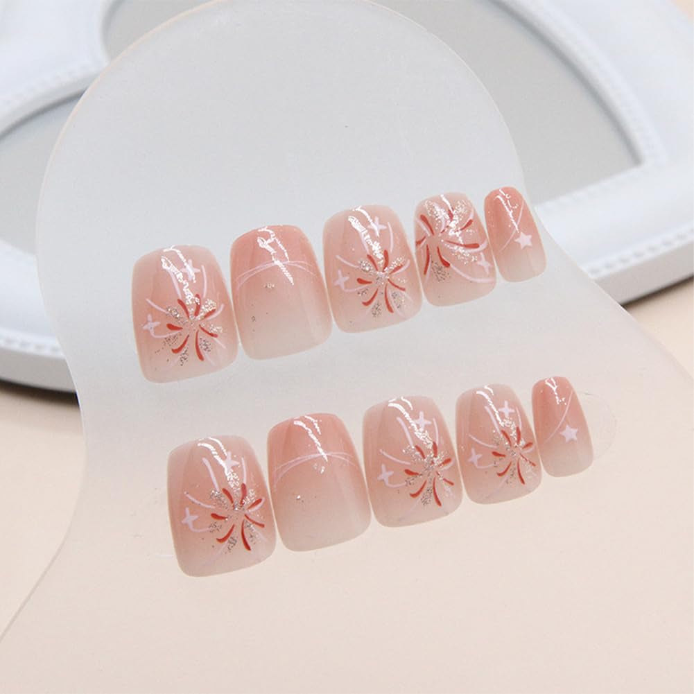 Press on Nails Short Square Fake Nails Pink White Ombre False Nails with Fireworks Show Press Ons Designs Acrylic Nails Press on Artificial Nails Stick on Nails for Women Girls 24Pcs