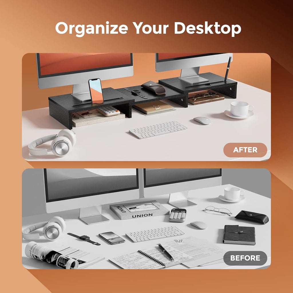 Monitor Stand Wood Material with Adjustable Length and Angle 2 Extra Functional Slot Monitor Riser Desktop Organiser Stand for PC Monitor Printer Etc. Black