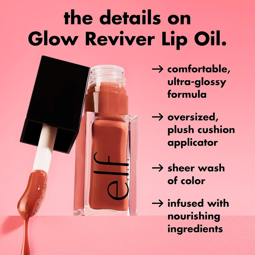 Glow Reviver Lip Oil, Nourishing Tinted Lip Oil for a High-Shine Finish, Infused with Jojoba Oil, Vegan & Cruelty-Free, Pink Quartz