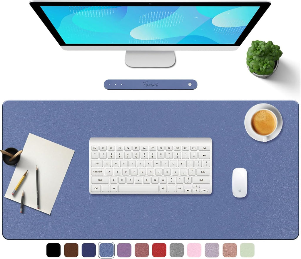 PU Leather Desk Pad with Suede Base, Multi-Color Non-Slip Mouse Pad, 24” X 14” Waterproof Desk Writing Mat, Large Desk Blotter Protector(Gray-Blue)