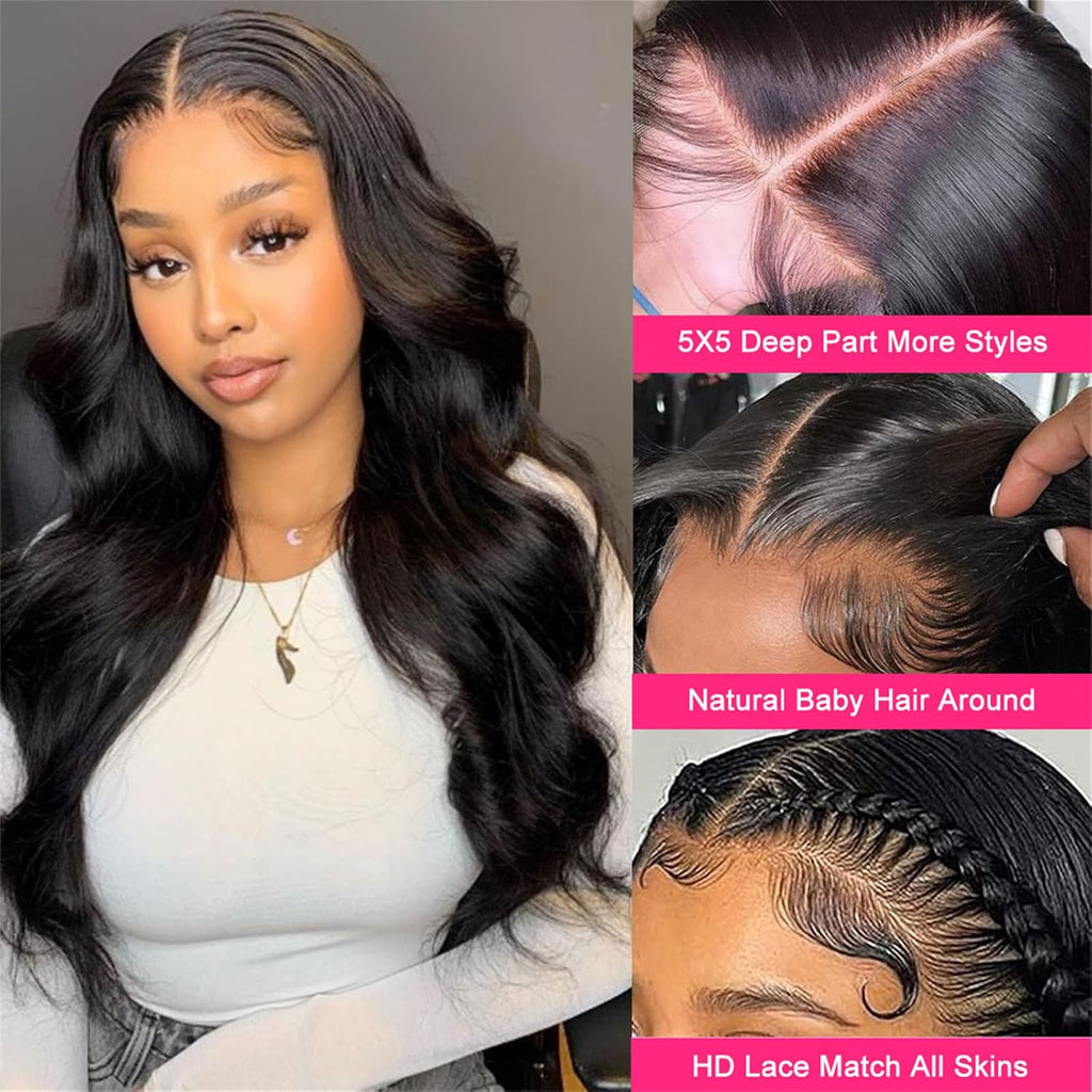 22 Inch Black Wavy Human Hair Wig - Wear and Go Glueless Wig with 5X5 HD Lace Closure - Pre Plucked, Pre Cut Body Wave - Wigs for Black Women