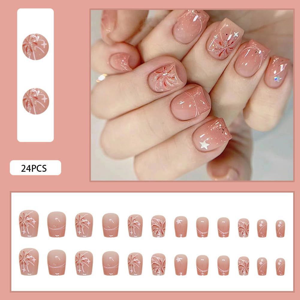Press on Nails Short Square Fake Nails Pink White Ombre False Nails with Fireworks Show Press Ons Designs Acrylic Nails Press on Artificial Nails Stick on Nails for Women Girls 24Pcs