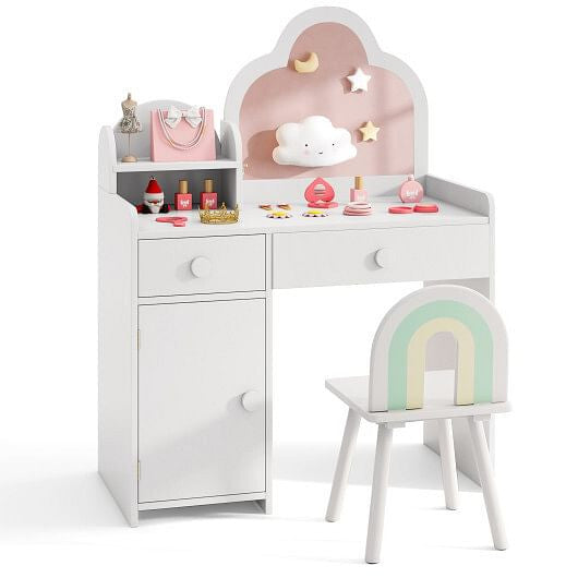 Kids Vanity Table and Chair Set with Cloud-shaped Mirror and Open Shelf-White