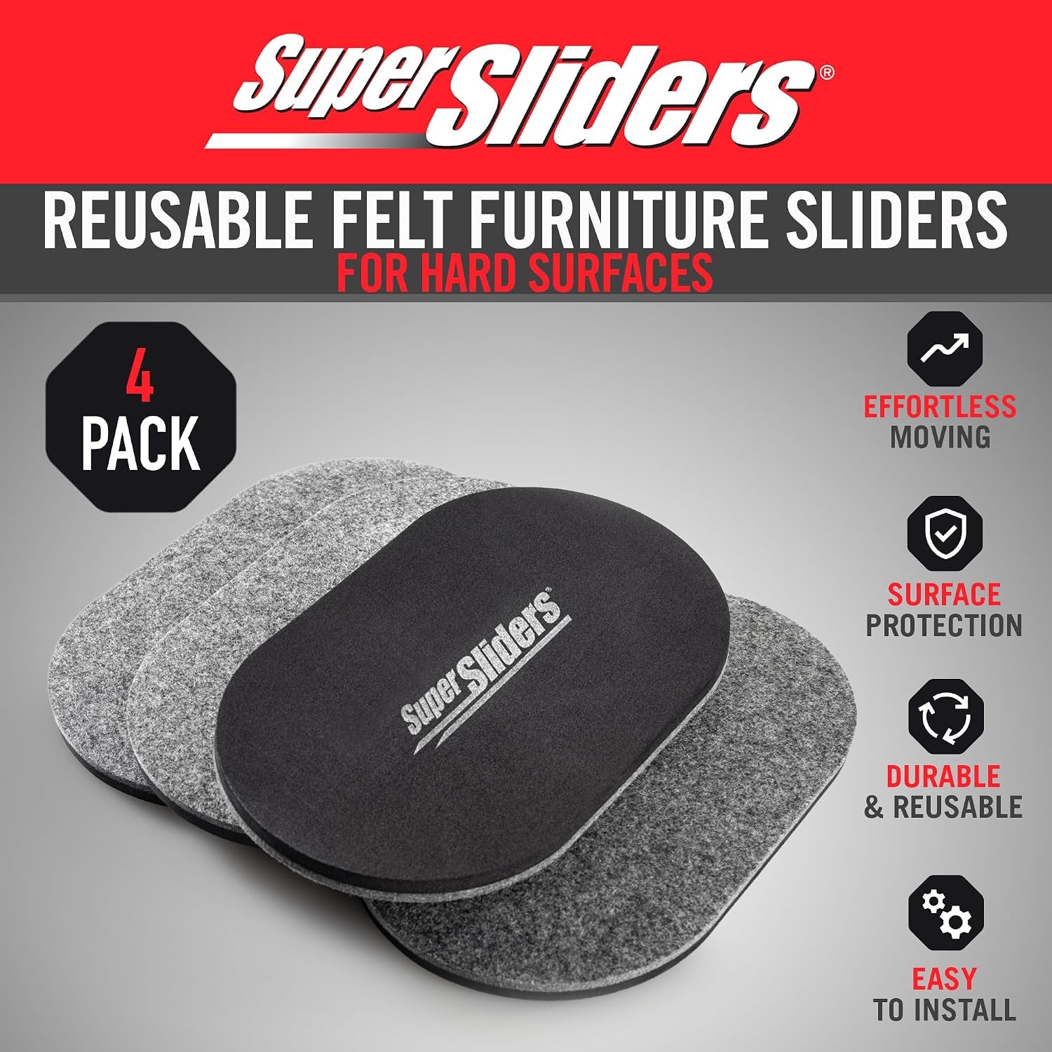 5-3/4" X 9-1/2" XL Oval Reusable Felt Furniture Sliders for Hard Surfaces, Anti-Slip Protective Furniture Moving Pads for Beds, Sofas, Dressers, Set of 4, Gray