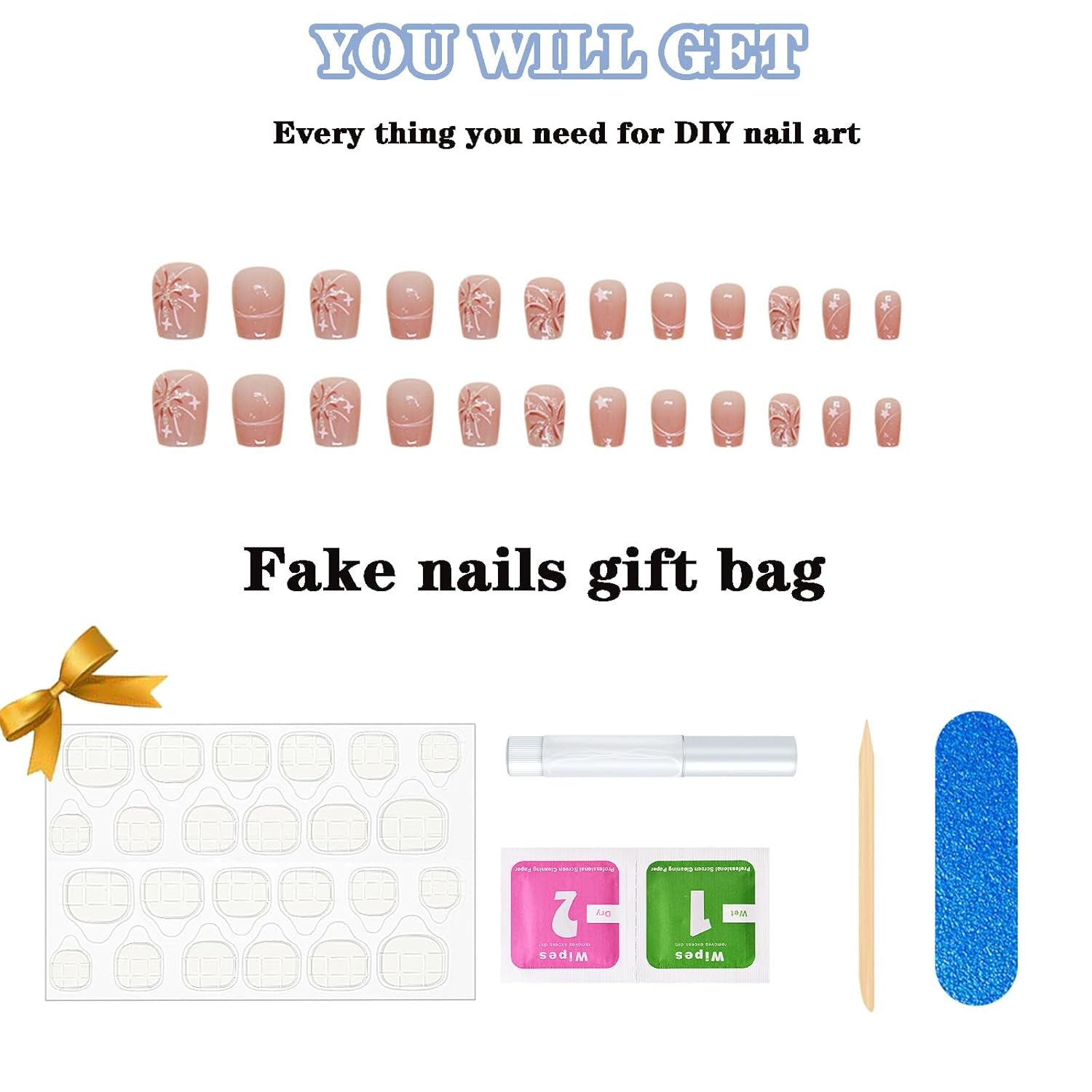 Press on Nails Short Square Fake Nails Pink White Ombre False Nails with Fireworks Show Press Ons Designs Acrylic Nails Press on Artificial Nails Stick on Nails for Women Girls 24Pcs