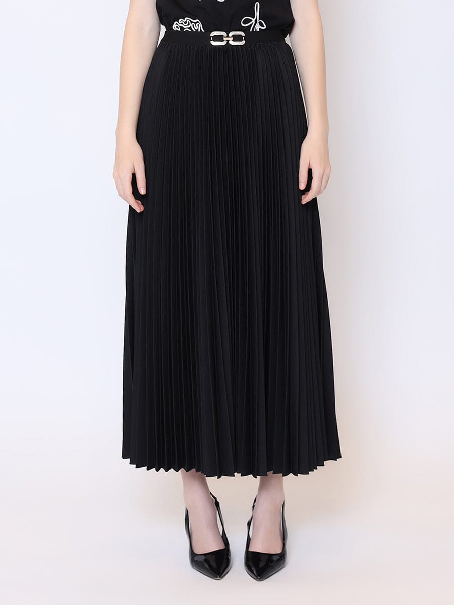 Buckle Detailed High Waist Midi Pleated Skirt