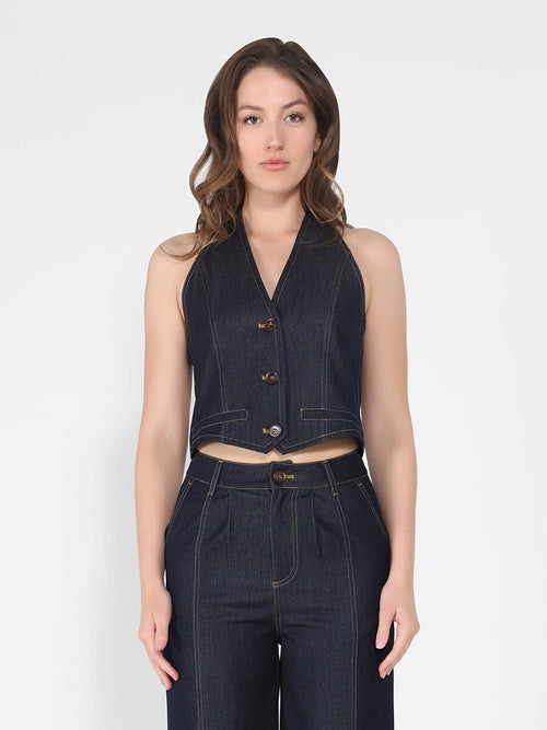 Button down halter neck sleeveless vest-0