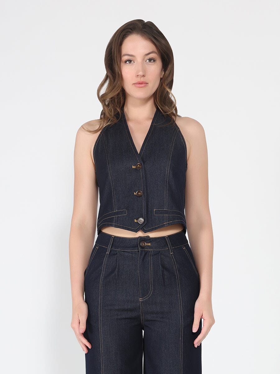 Button down halter neck sleeveless vest-0