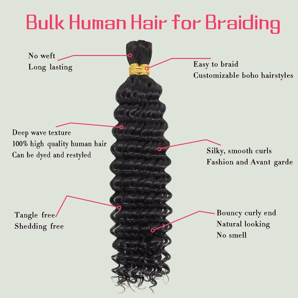 Human Braiding Hair 100G 22 Inch Deep Wave Bulk Human Hair for Braiding Hair 100% Virgin Human Hair Micro No Weft Human Hair Extensions 2Bundles(Natural Black#,22Inch)