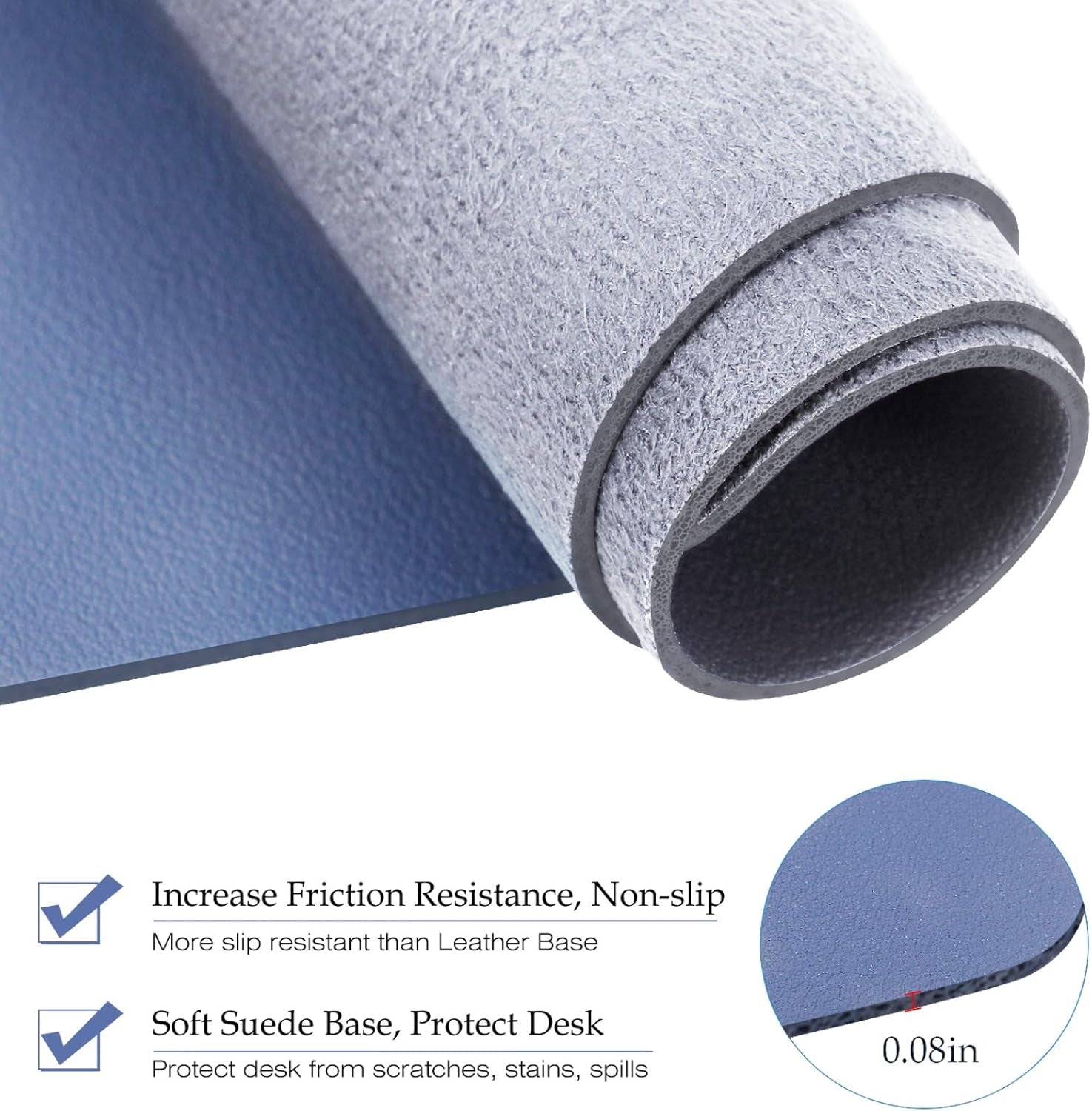 PU Leather Desk Pad with Suede Base, Multi-Color Non-Slip Mouse Pad, 24” X 14” Waterproof Desk Writing Mat, Large Desk Blotter Protector(Gray-Blue)