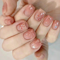 Press on Nails Short Square Fake Nails Pink White Ombre False Nails with Fireworks Show Press Ons Designs Acrylic Nails Press on Artificial Nails Stick on Nails for Women Girls 24Pcs