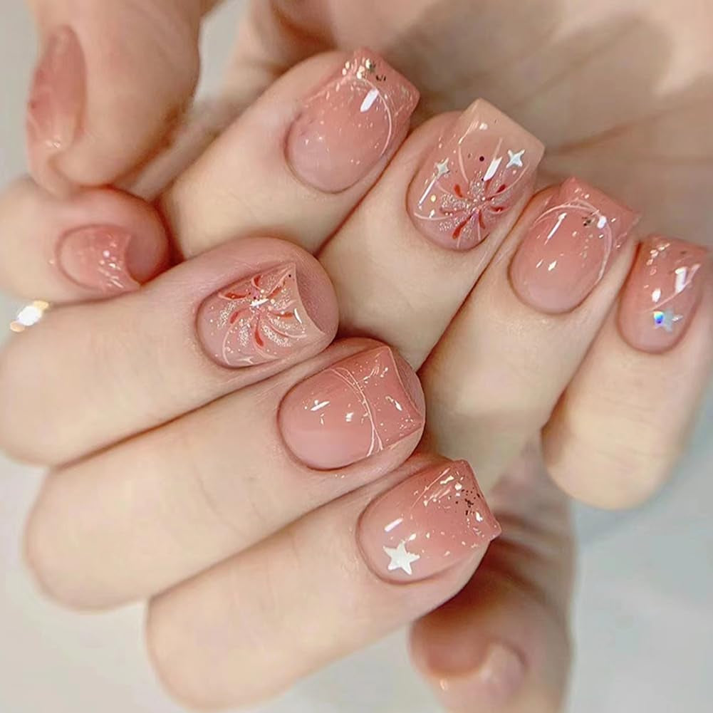 Press on Nails Short Square Fake Nails Pink White Ombre False Nails with Fireworks Show Press Ons Designs Acrylic Nails Press on Artificial Nails Stick on Nails for Women Girls 24Pcs