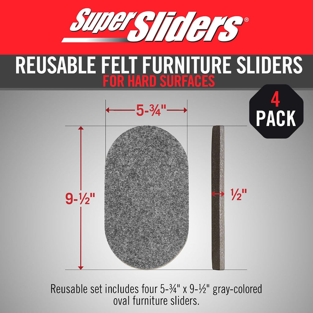 5-3/4" X 9-1/2" XL Oval Reusable Felt Furniture Sliders for Hard Surfaces, Anti-Slip Protective Furniture Moving Pads for Beds, Sofas, Dressers, Set of 4, Gray