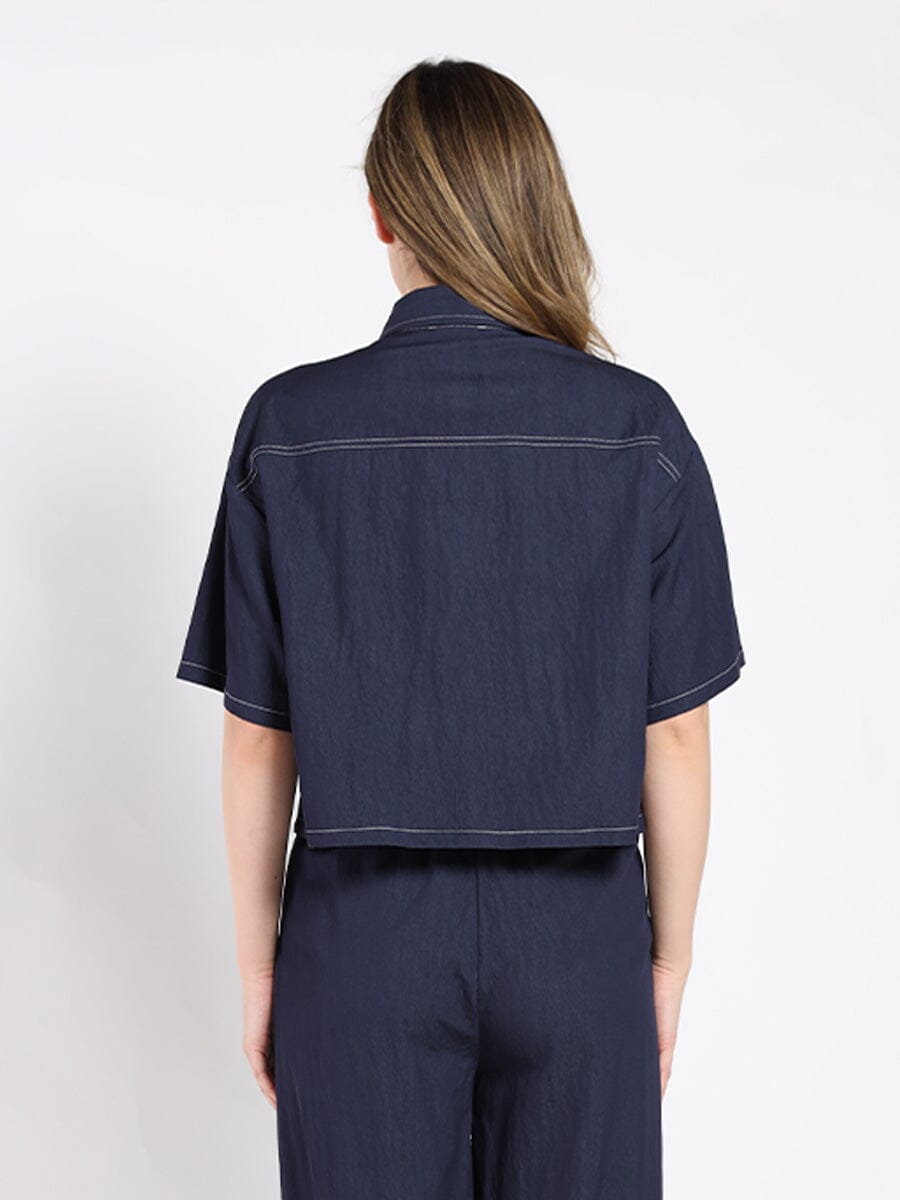 Denim Short Sleeved Button-Down Top
