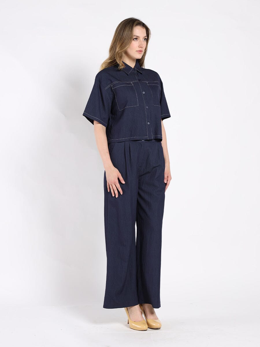 Denim Short Sleeved Button-Down Top