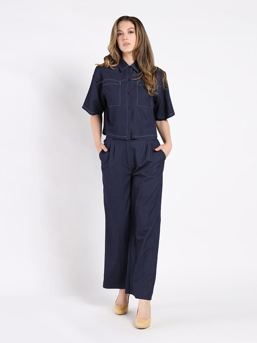 Denim Short Sleeved Button-Down Top