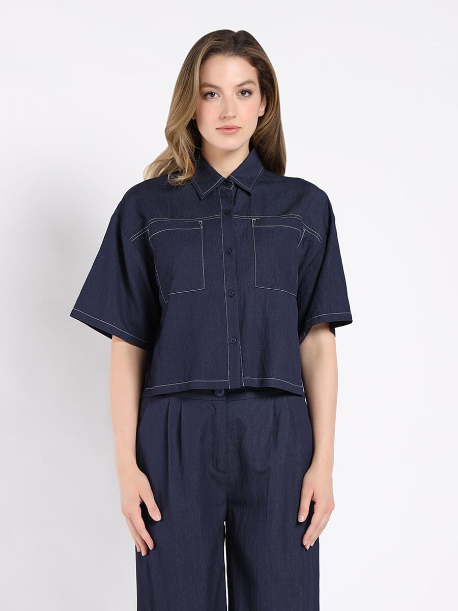 Denim Short Sleeved Button-Down Top