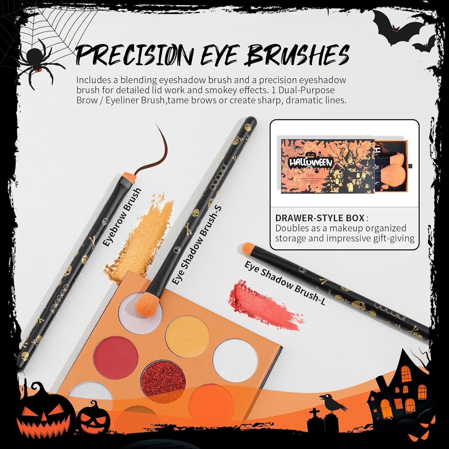 Makeup Brush Set,5Pcs Halloween Goth Makeup Brushes Powder Contour Eyeliner Brow Eyeshadow Brush Set with 9 Colors Halloween Eyeshadow Palette,1Pc Makeup Sponge Puff&3Pcs Halloween Scar Tattoo