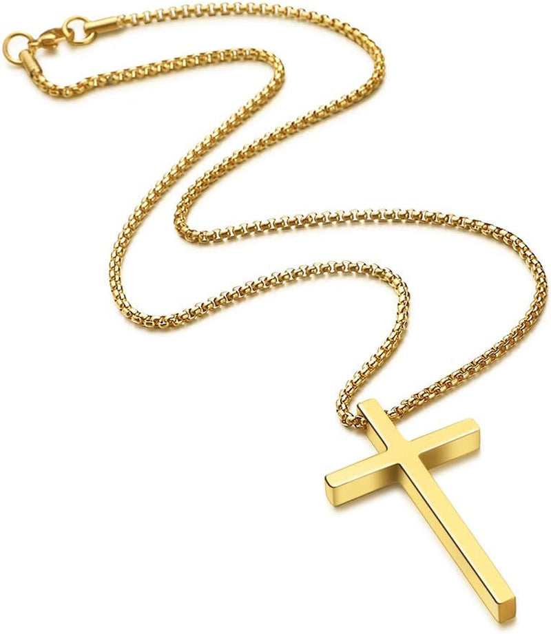 Cross Necklace for Men Teen Boys, Silver Black Gold Stainless Steel Plain Cross Pendant Necklace Box Chain 16-30 Inch