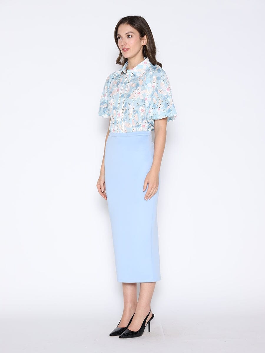 Floral Print Eyelet Puff Sleeve Button-Down Shirt-2