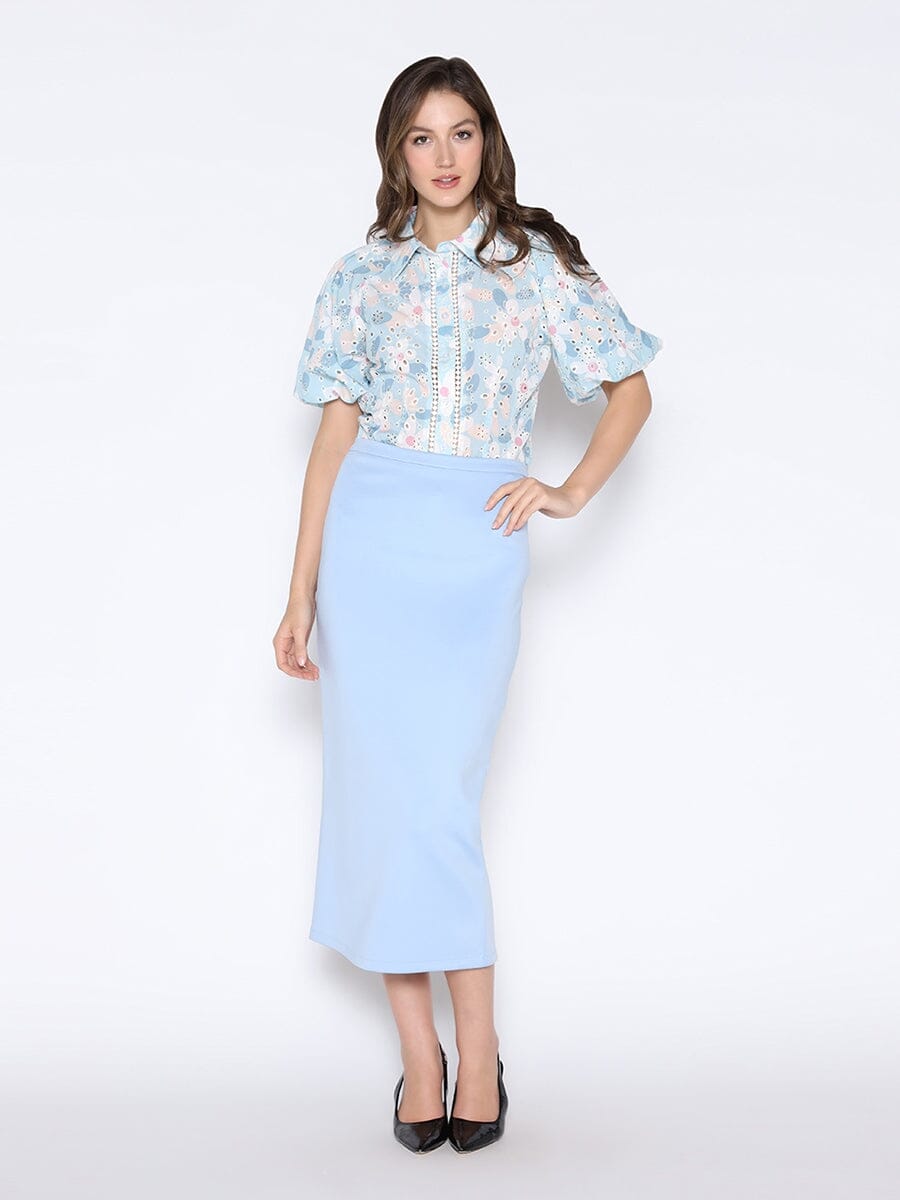 Floral Print Eyelet Puff Sleeve Button-Down Shirt-1