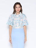 Floral Print Eyelet Puff Sleeve Button-Down Shirt-0