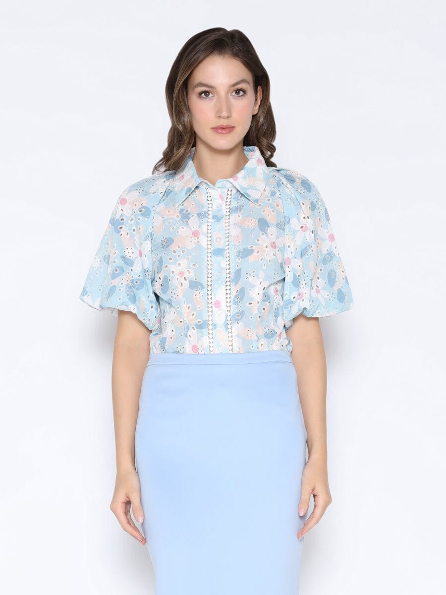 Floral Print Eyelet Puff Sleeve Button-Down Shirt-0