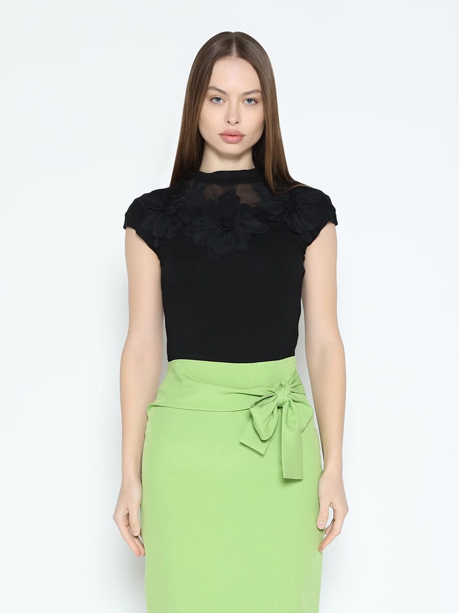 Flower Applique Mock Neck Cap Sleeve Top-0