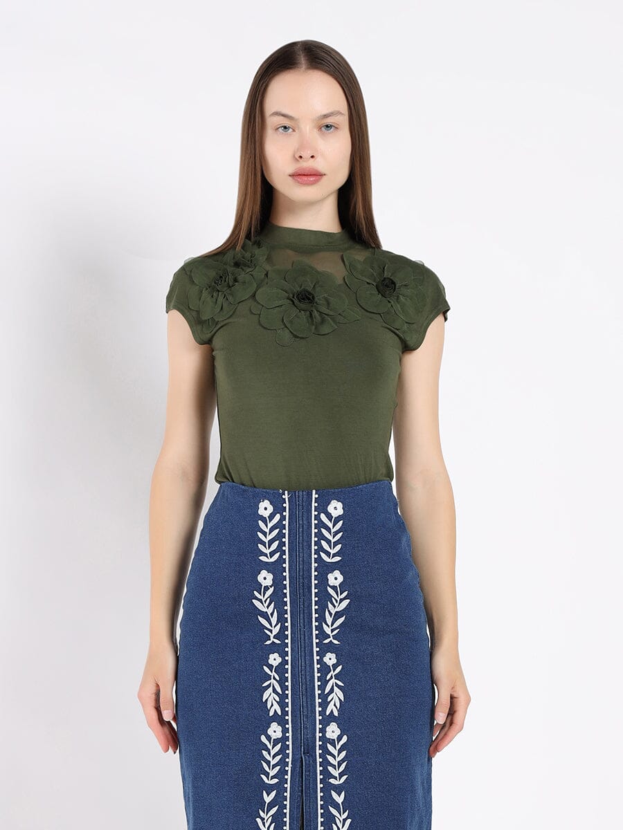 Flower Applique Mock Neck Cap Sleeve Top-4
