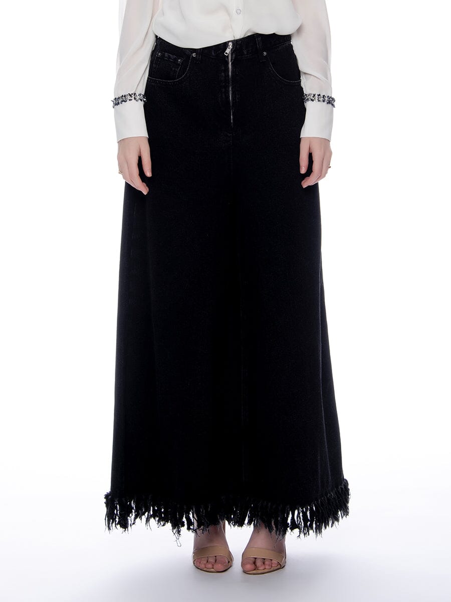 Frayed Raw Hem Wide Leg Slouchy Denim Pants-0