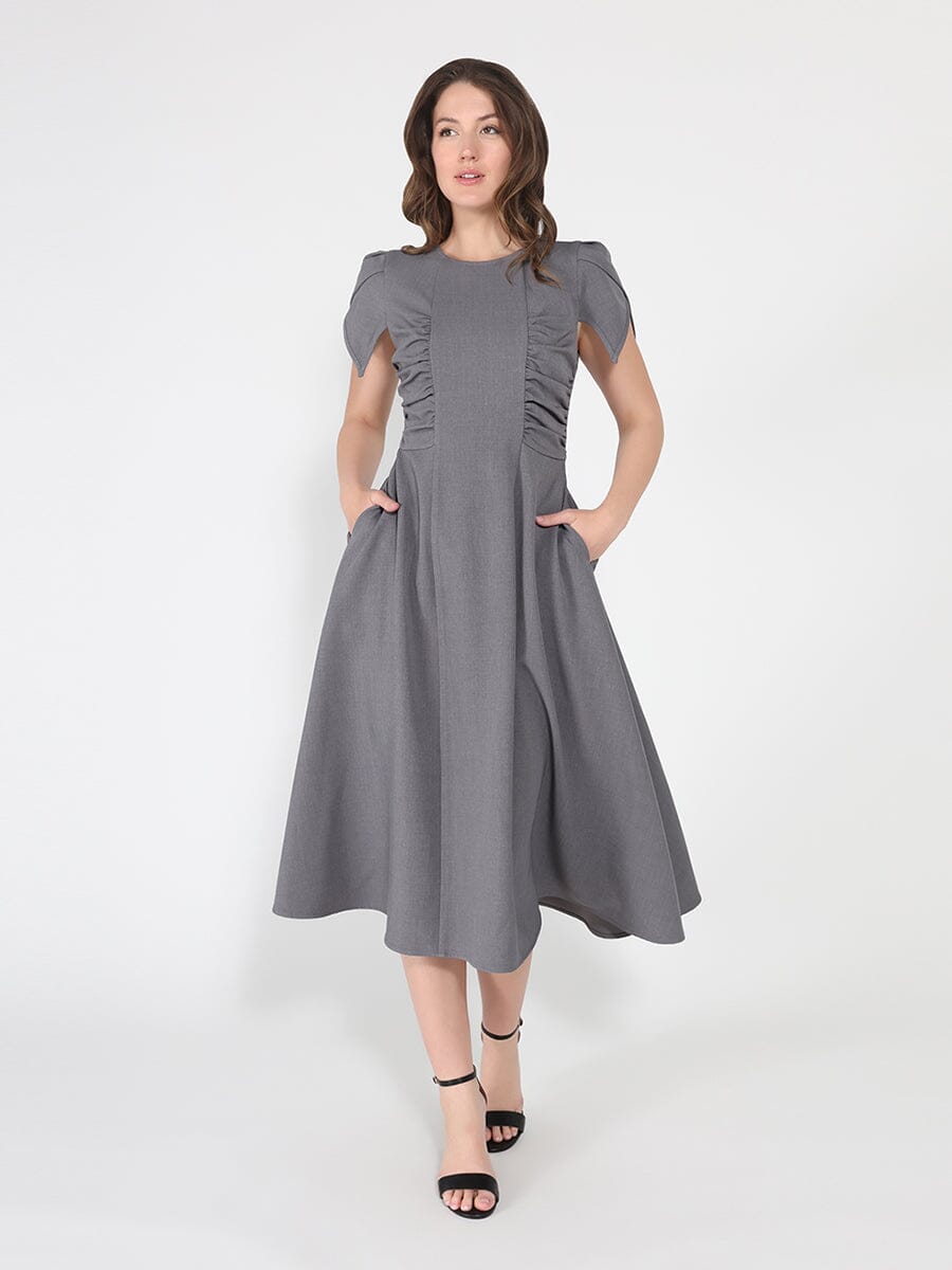 Gathered Side Detail Cap Sleeve A-line Midi Dess-1