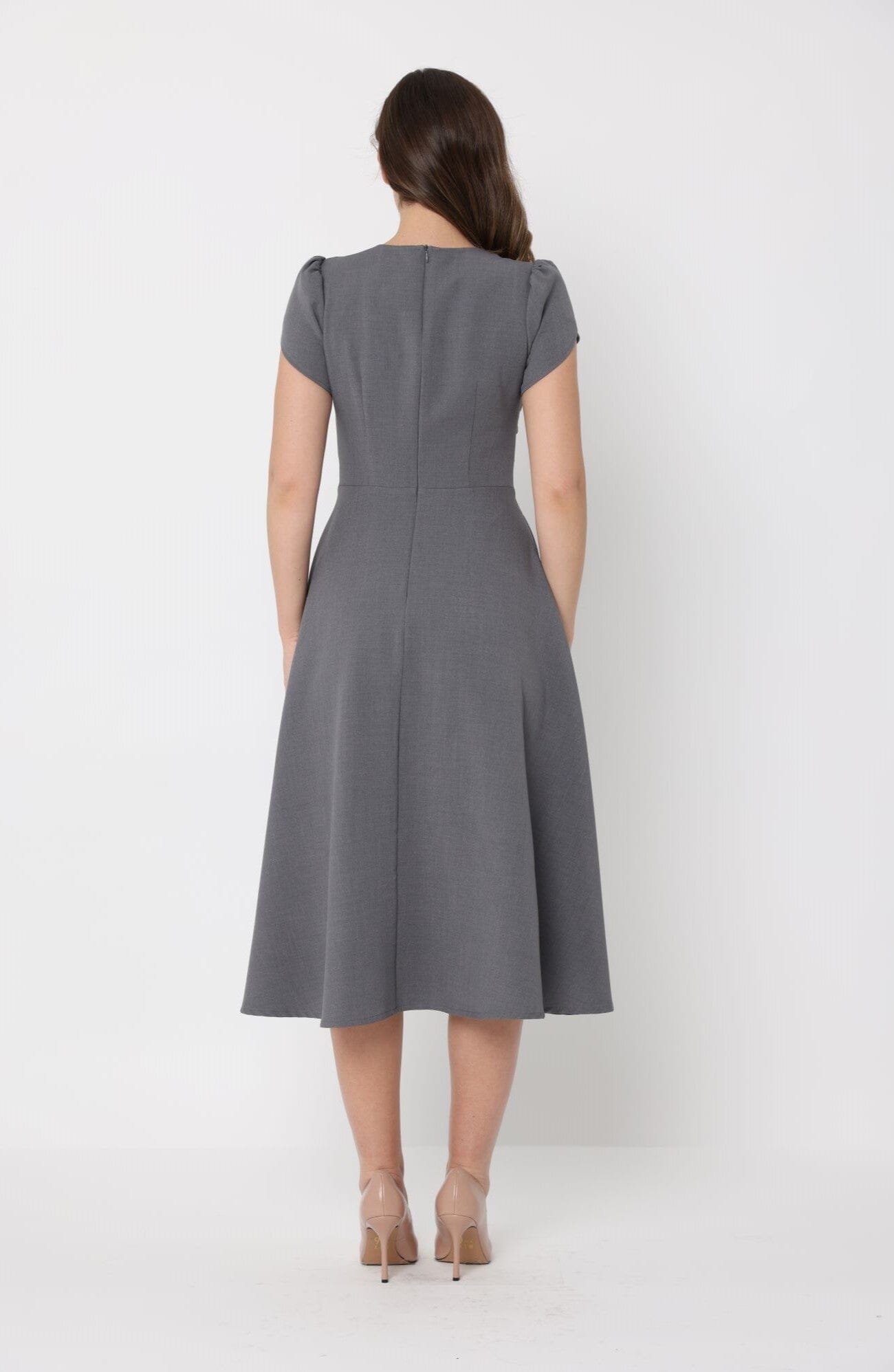 Gathered Side Detail Cap Sleeve A-line Midi Dess-3