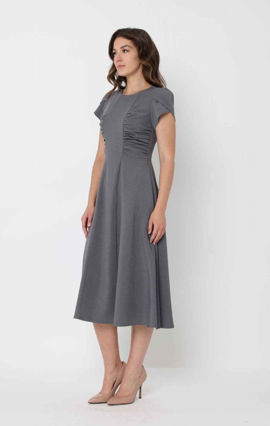Gathered Side Detail Cap Sleeve A-line Midi Dess-2