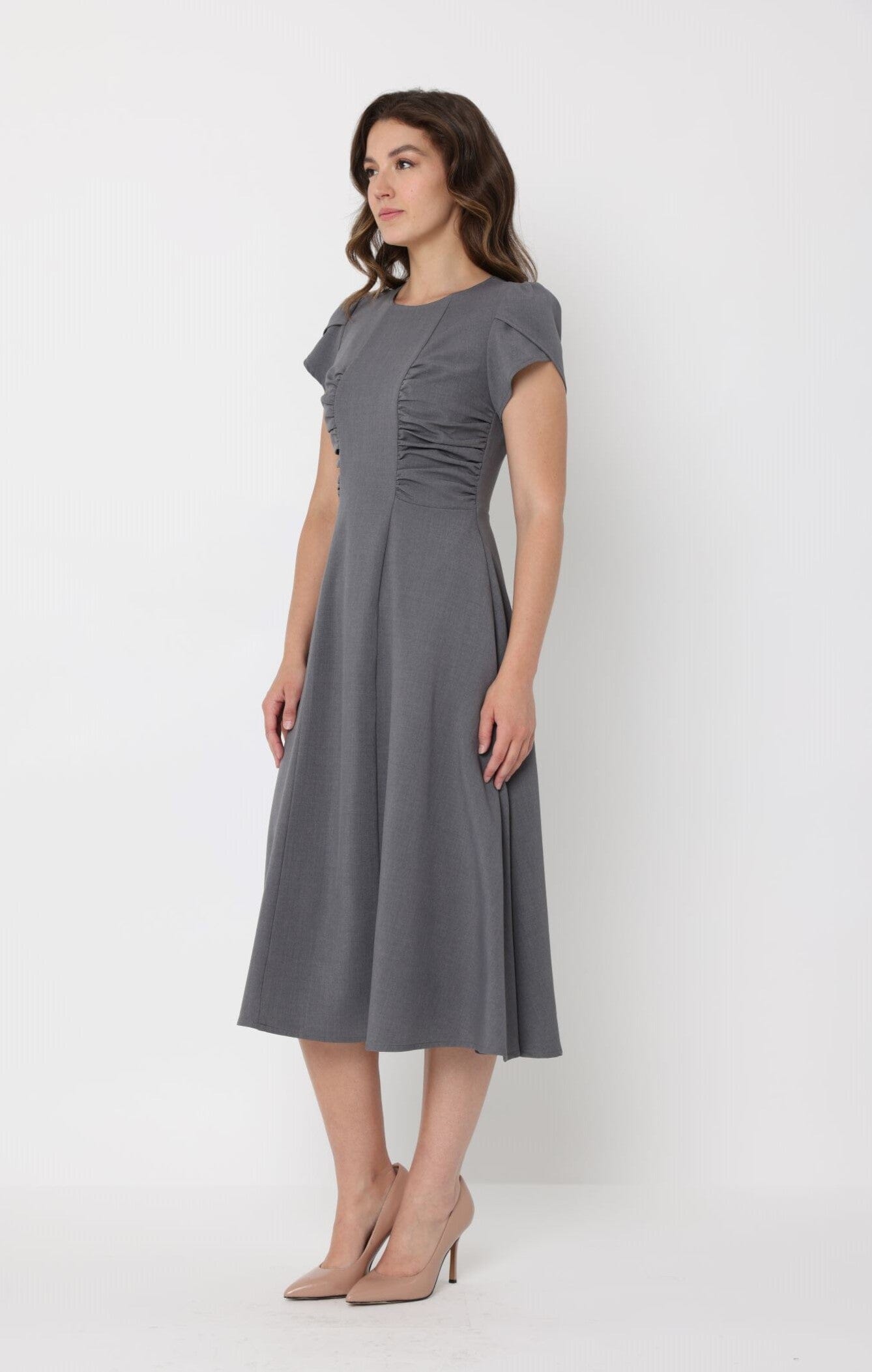 Gathered Side Detail Cap Sleeve A-line Midi Dess-2