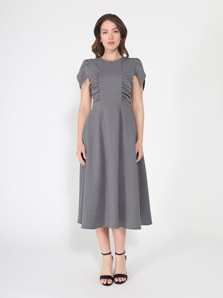 Gathered Side Detail Cap Sleeve A-line Midi Dess-0