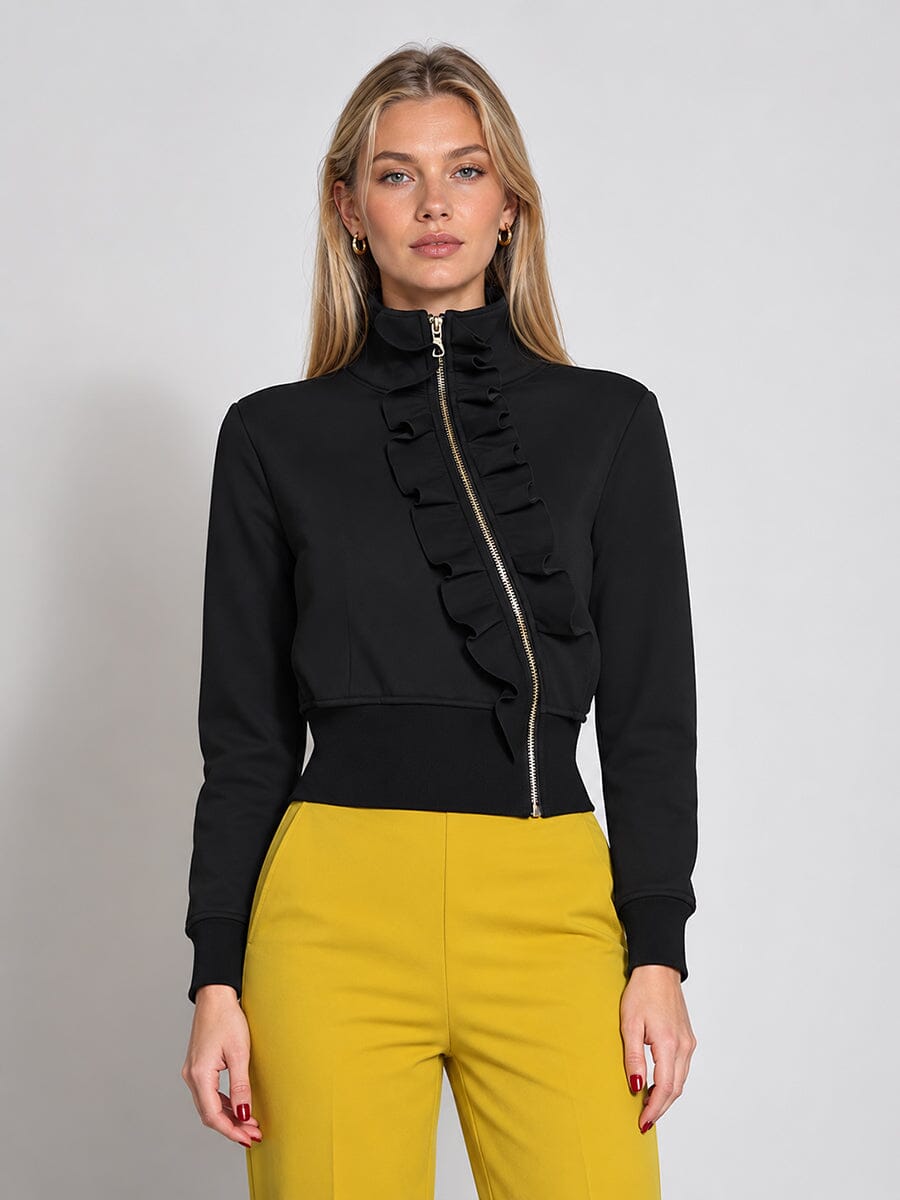 Highneck Scuba Assymetrical Ruffled Zip Jacket-0