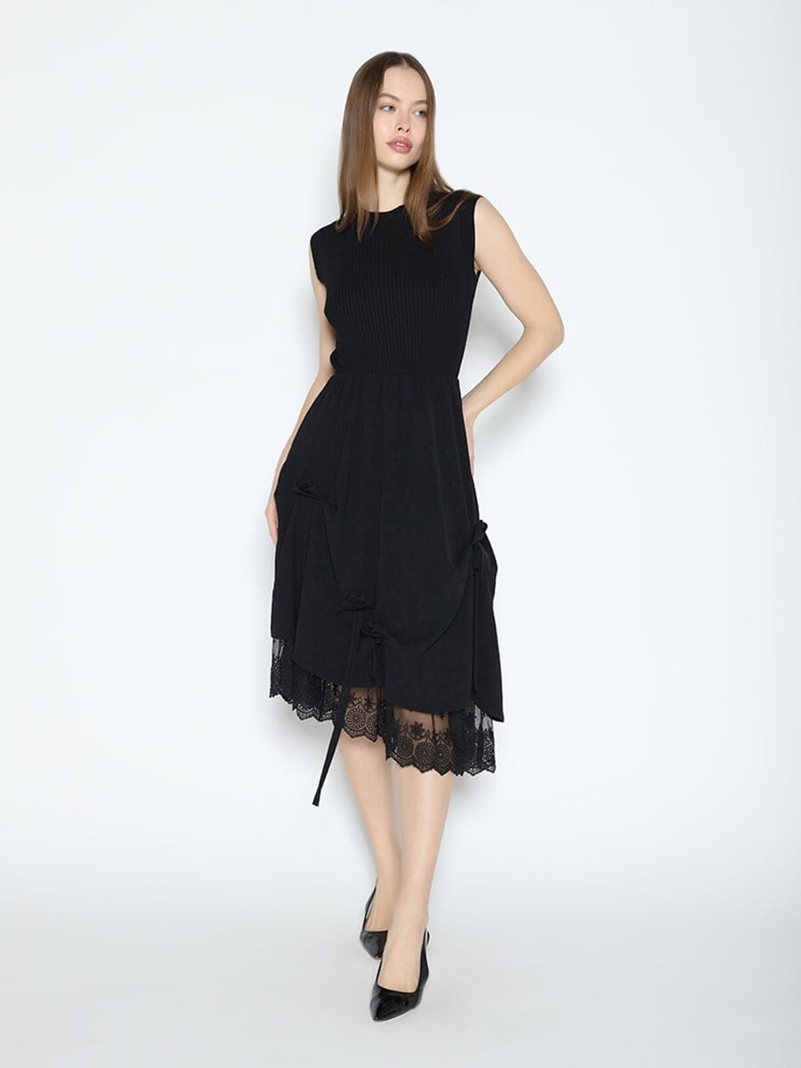 Knit Top Asymmetrical Lace Hem Dress-1